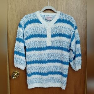 Blue and White 3/4 Sleeve Knit 80s Striped Sweater